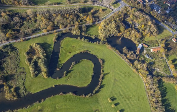 Aerial view, Schlossmühle, Mühlengraben, Mühlenteich, An der Schlossmühle, Hamm, Ruhr area, North