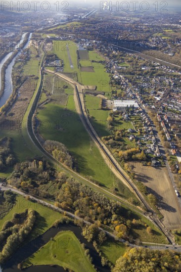 Aerial view, Hamm airfield, Lippe floodplain, Münsterstraße, Hamm lock, Lippe river, Datteln-Hamm