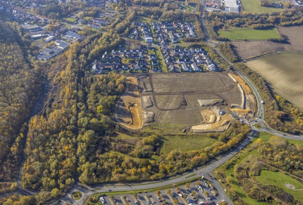 Aerial view, construction area at Sachsenring, roundabout, housing estate, Heessen, Hamm, Ruhr