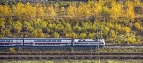 Aerial view, double-decker passenger train, centre, Hamm, Ruhr area, North Rhine-Westphalia,