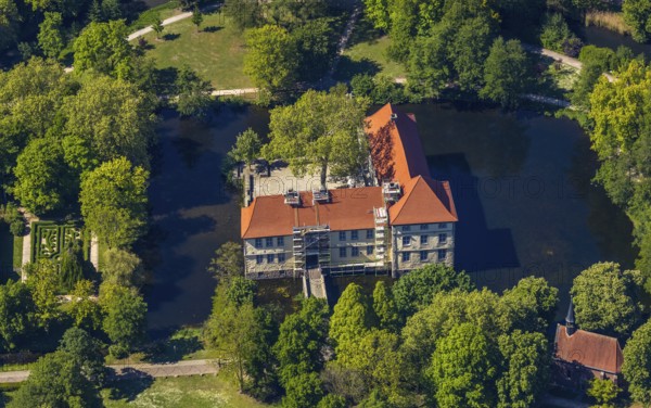 Aerial view, renovation Strünkede Castle, Herne, Ruhr area, North Rhine-Westphalia, Germany,