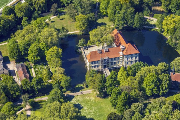 Aerial view, renovation Strünkede Castle, Herne, Ruhr area, North Rhine-Westphalia, Germany,