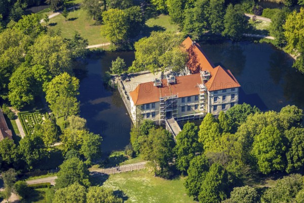 Aerial view, renovation Strünkede Castle, Herne, Ruhr area, North Rhine-Westphalia, Germany,