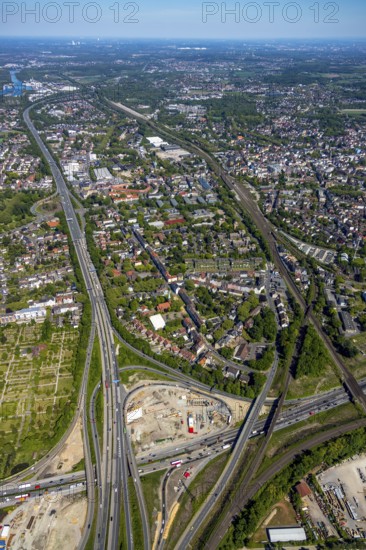 Aerial view, construction site due to A43 extension, motorway junction Herne, motorway A42, view to
