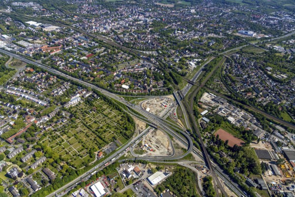 Aerial view, construction site due to A43 extension, motorway junction Herne, motorway A42,