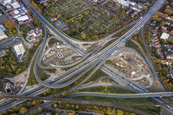 Aerial view of the motorway construction site motorway junction Herne, motorway A42 and A43, major