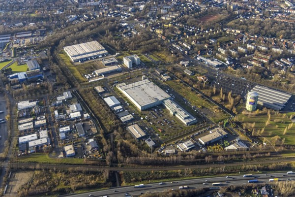 Aerial view, gasometer Herne, industrial area Lindenallee, Koniner Straße, Holsterhausen, Herne,
