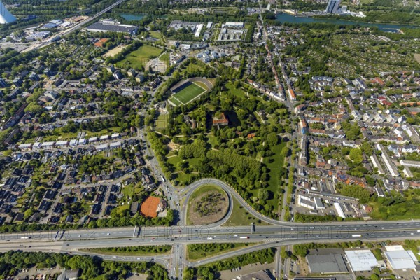 Aerial view, motorway A42, motorway junction Herne-Baukau, SchlossPark and Schloss Strünkede,