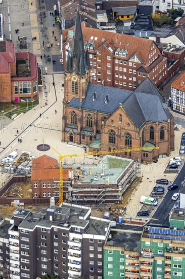 Aerial view, construction site of the new parish hall of the Kreuz-Kirchengemeinde next to the