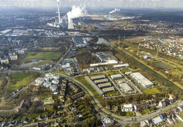Aerial view, industrial area at the Rhine-Herne Canal Westring / Bahnhohstraße with Bofrost / bush
