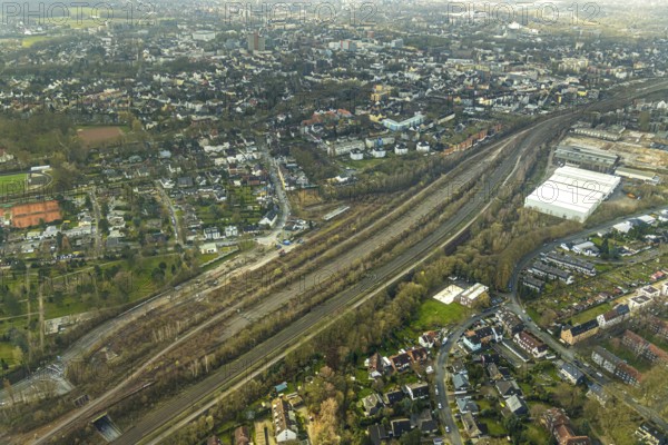 Aerial view, railway tracks at Hosthauser Straße, industrial area / industrial wasteland factory