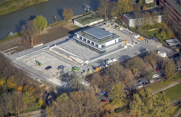 Aerial view, new construction water sports centre, construction area Adenauerallee, at Hammonense
