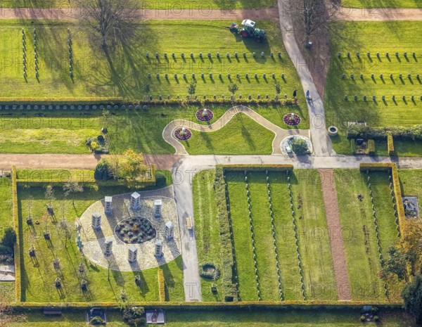 Aerial view, southern cemetery, columbarium, urn stone pillars, centre, Hamm, Ruhr area, North