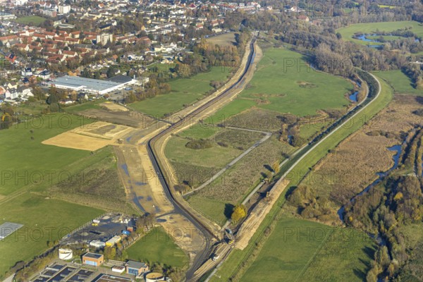 Aerial view, dam course, new Lippe dam, Lippe reconstruction Hamm, Lippe floodplain recreational