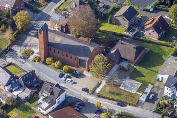 Aerial view, Catholic Church of the Holy Family, Rhynern, Hamm, Ruhr area, North Rhine-Westphalia,