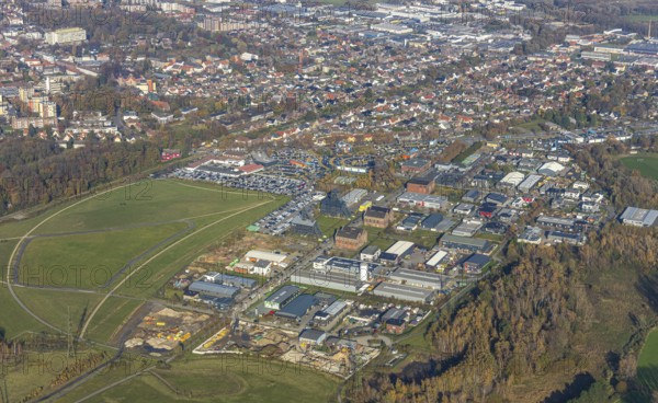 Aerial view, industrial area Radbod, former Radbod colliery, colliery towers, winding towers, car