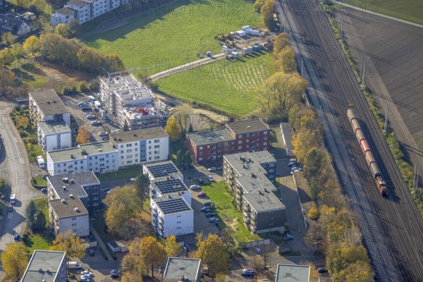 Aerial view, residential buildings construction site Röntgenstraße, Pelkum, Hamm, Ruhr area, North