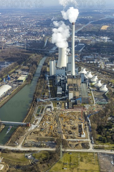 Aerial view, new construction of a gas and steam turbine power plant of STEAG at the coal-fired