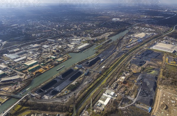 Aerial view, Rhine-Herne-Canal with coal storage, container terminal CTH, industrial area between