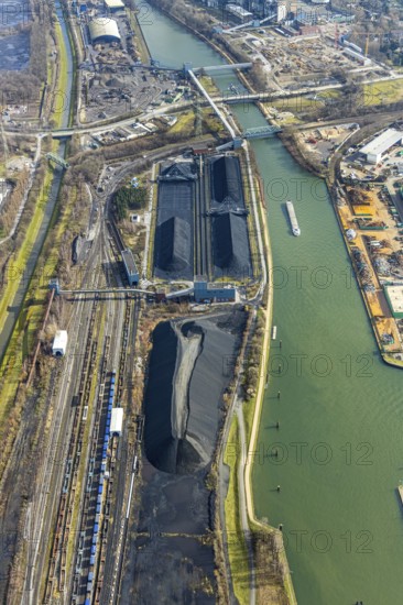 Aerial view, coal storage at the Rhine-Herne Canal, Herne, Ruhr area, North Rhine-Westphalia,