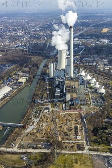 Aerial view, new construction of a gas and steam turbine power plant of STEAG at the coal-fired