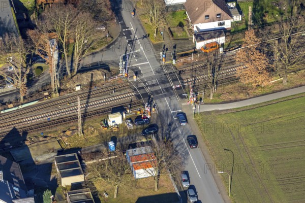 Aerial view, Wielandstraße level crossing, gated level crossing, Wiescherhöfen, Hamm, Ruhr area,