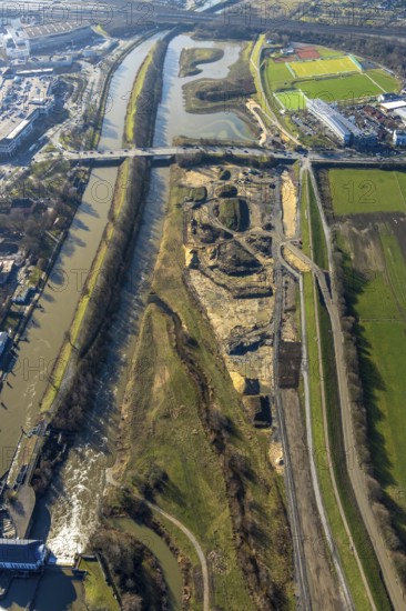 Aerial view, construction area Jupp-Eickhoff-Weg, river Lippe, Datteln-Hamm canal, Hamm, Ruhr area,