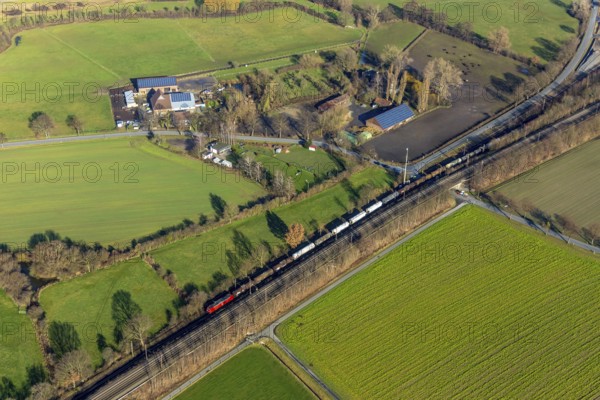 Aerial view, railway tracks, railway line, Pink Ponyhof riding school and Geue horse boarding,