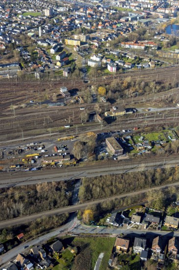Aerial view, seven bridges, Günterstraße, railway subway, marshalling yard, former signal box,