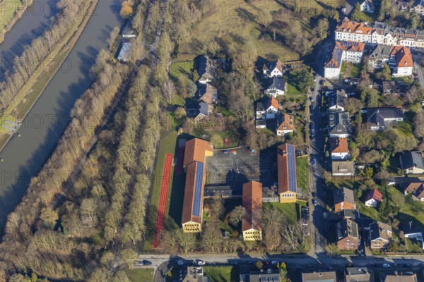 Aerial photo, Theodor-Heuss-Schule, River Lippe, Datteln-Hamm-Canal, Bad Hamm, Hamm, Ruhr area,