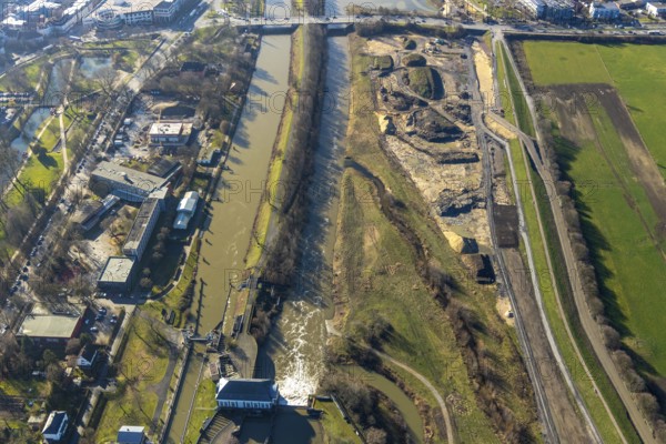 Aerial view, construction area Jupp-Eickhoff-Weg, river Lippe, Datteln-Hamm canal, Hamm, Ruhr area,