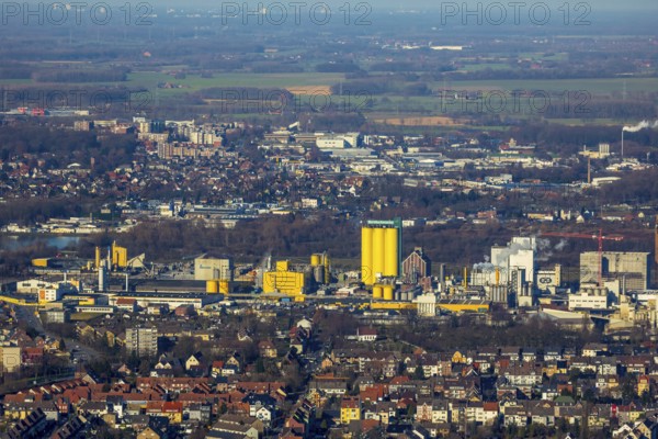 Aerial view, residential area and industrial facilities, Hamm harbour, Ölmühle Brökelmann, Brölio,