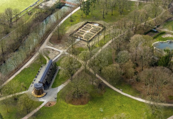 Aerial view, graduation house garden and graduation house in Hamm spa gardens, Bad Hamm, Hamm, Ruhr