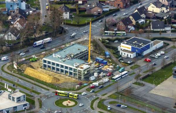 Aerial view, construction site new building Sparkasse Hamm, Rhynerberg Werler Straße, Hamm, Ruhr