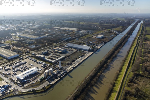 Aerial view, industrial area harbour Hamm between Hugo Schneider GmbH and Lanfer, Datteln-Hamm