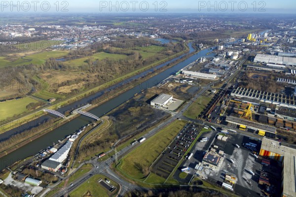 Aerial view, industrial area harbour Hamm between Hugo Schneider GmbH and Lanfer, Datteln-Hamm