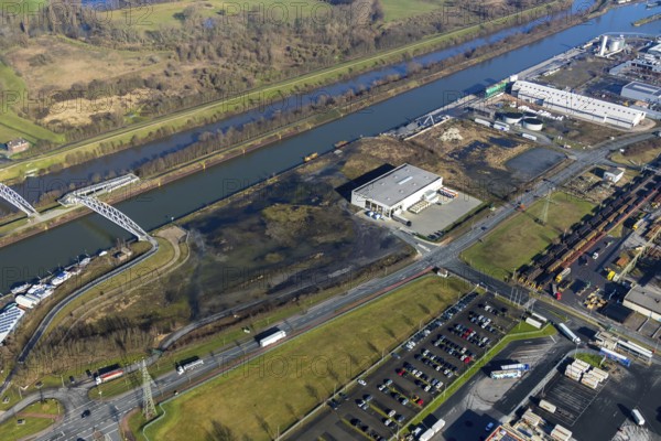 Aerial view, industrial area harbour Hamm between Hugo Schneider GmbH and Lanfer, Datteln-Hamm