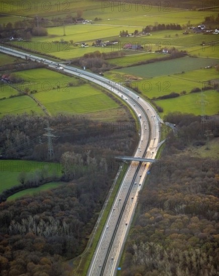 Aerial view, motorway A1, Geithe area, four-lane motorway, Uentrop, Hamm, Ruhr area, North