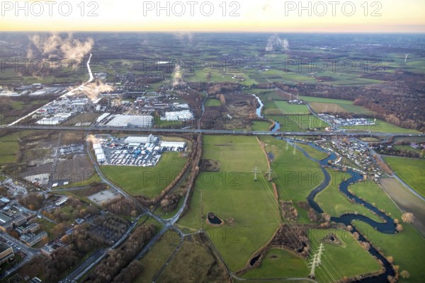 Aerial view, Lippe floodplain Uentrop, motorway A1, exit Uentrop, campsite Uentrop, Funke