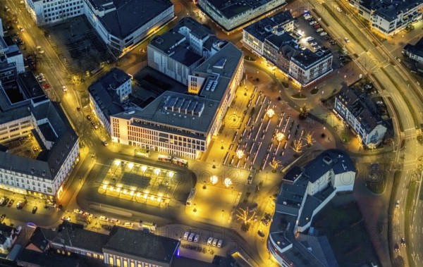 Aerial view, night view of Hamm main station, Bahbofsvorplatz, Hamm library, Platz der Deutschen