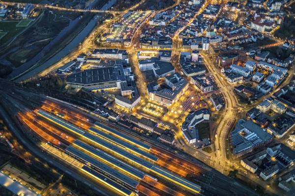 Aerial view, night view of Hamm main station, Bahbofsvorplatz, Hamm library, Platz der Deutschen