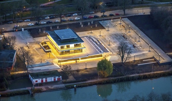 Aerial view, water sports centre and the adjacent lock area, rowing club, water sports club,