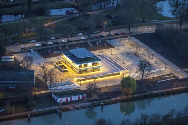 Aerial view, water sports centre and the adjacent lock area, rowing club, water sports club,