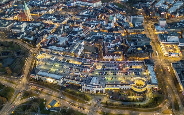 Aerial view, night view of Alleecenter, ECE, shopping centre, city centre Hamm, Mitte, Hamm, Ruhr