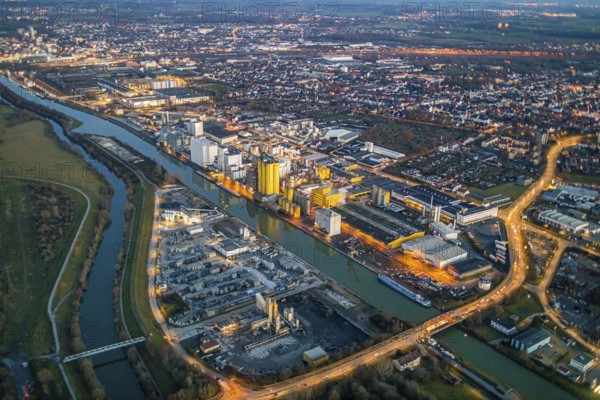 Aerial view, Hammer harbour, Datteln-Hamm canal. River Lippe, Brökelmann + Co, Ölmühle und