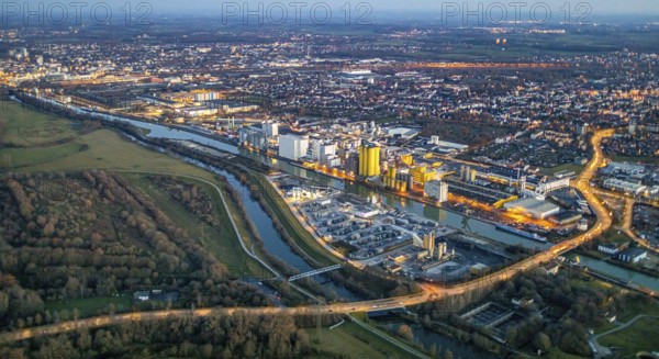 Aerial view, Hammer harbour, Datteln-Hamm canal. River Lippe, Brökelmann + Co, Ölmühle und