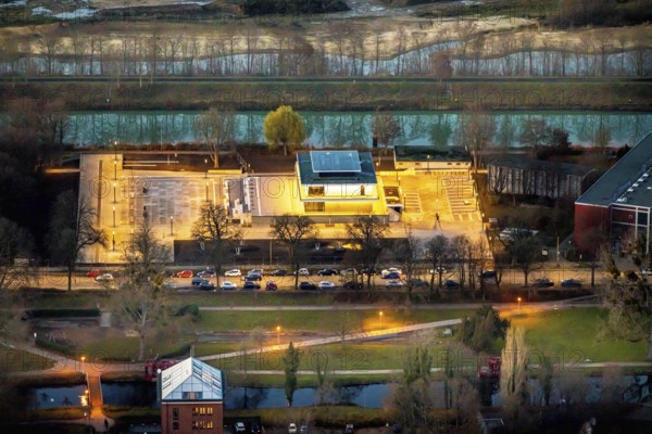 Aerial view, water sports centre and the adjacent lock area, rowing club, water sports facilities,