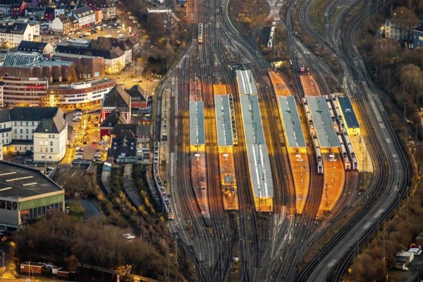 Aerial view, platforms Hamm main station, twilight shot, night shot, station forecourt, ICE line,