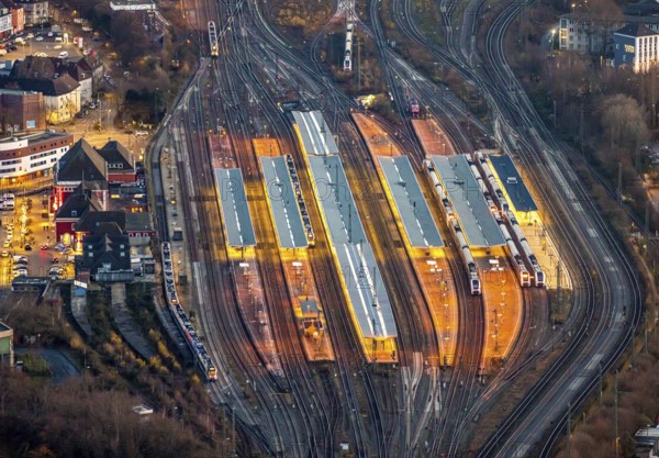 Aerial view, platforms Hamm main station, twilight shot, night shot, station forecourt, ICE line,