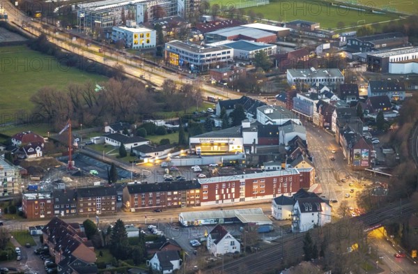 Aerial view, intersection Münsterstraße Heessener Straße with new buildings, Heessen, Hamm, Ruhr